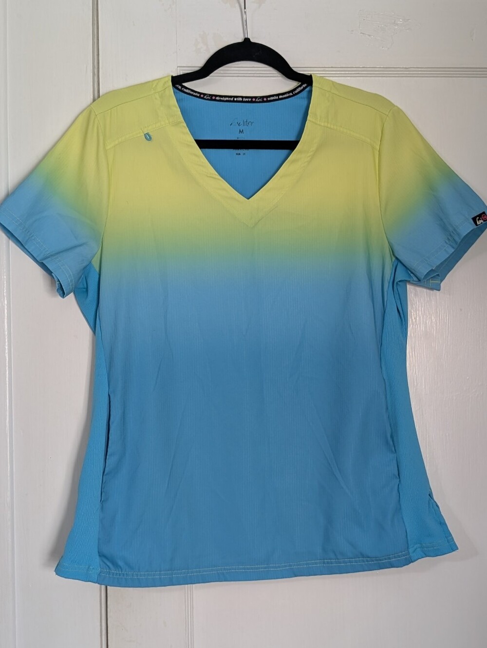 Koi Lite Women's Size M Ombre Green Blue Scrub Top V-Neck Slim Fit Comfort